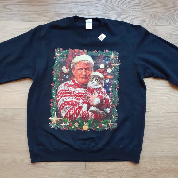 Trump with Cat in Christmas Sweaters - New Large Black Sweatshirt - Picture 5 of 5